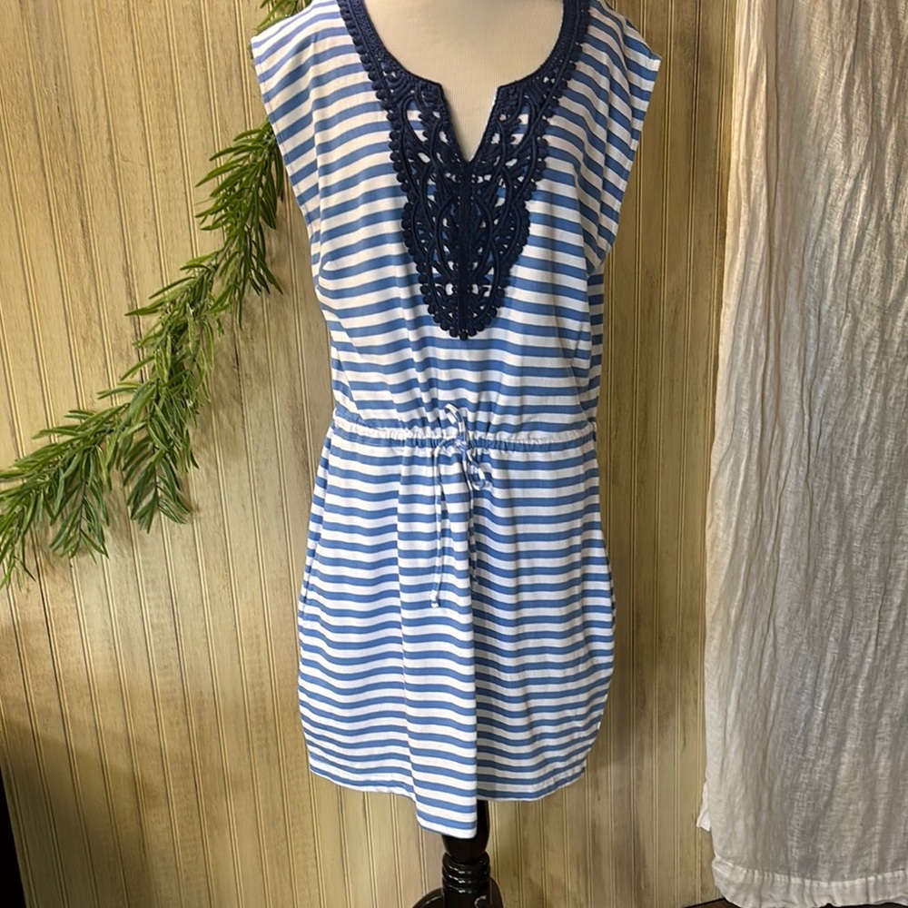 Mud Pie Millie Blue & White Striped Cotton Dress, Drawstring Waist, EUC, Large